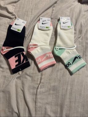 Nike Low-Cut Athletic Socks Trio - Black, Pink, Cream, Mint Accents